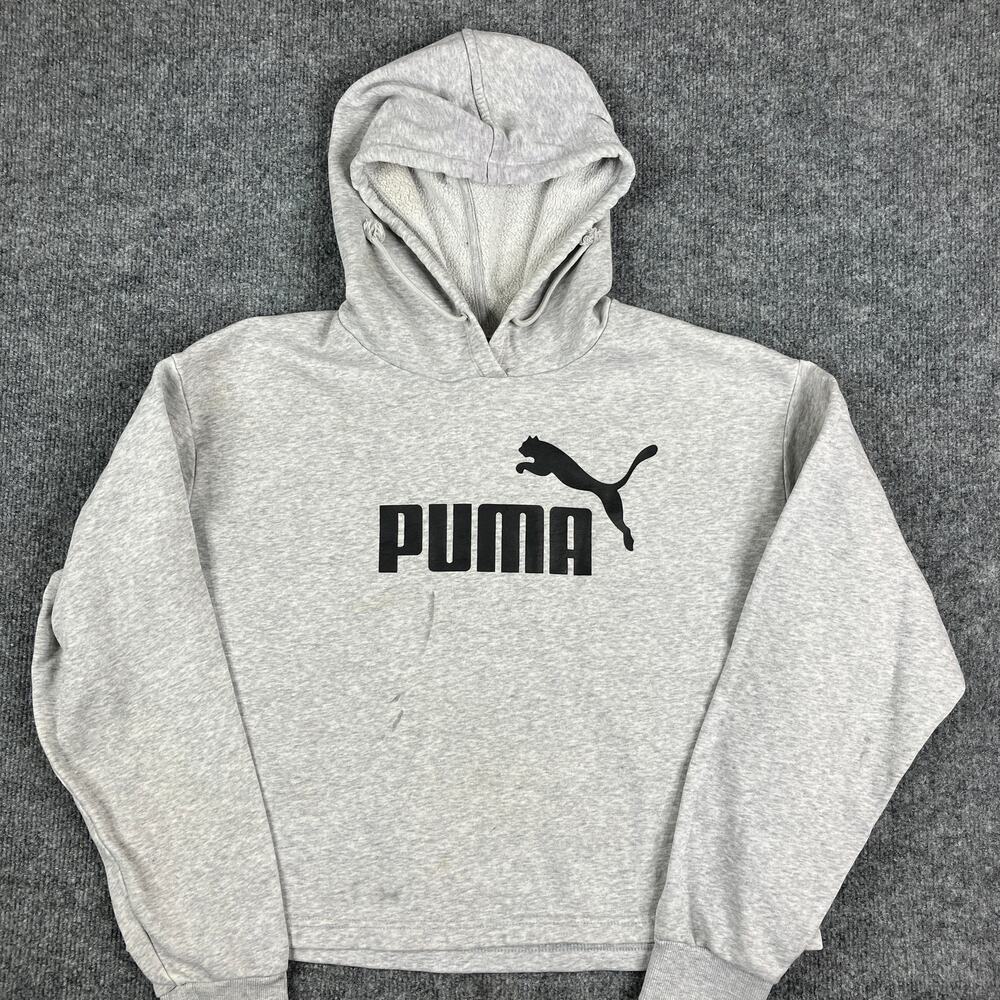 Puma Hoodie Womens XL Gray Cropped Pullover Fleece Sweatshirt Athleisure
